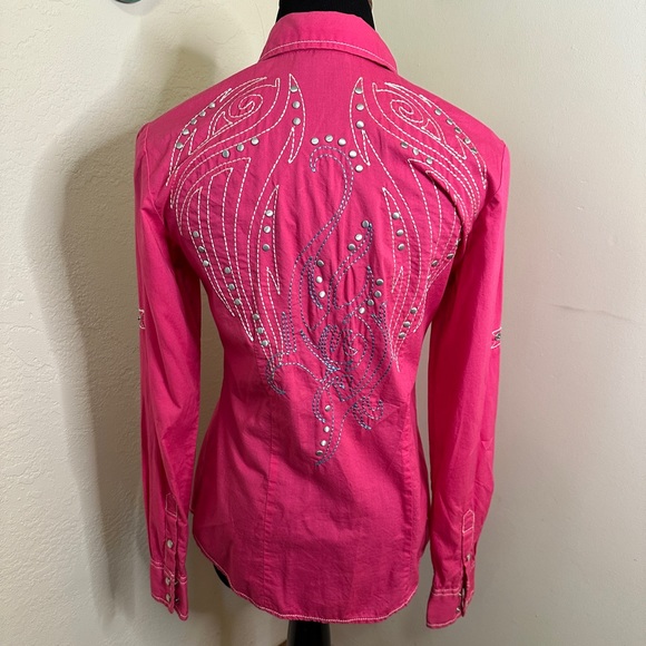 Cruel Hot Pink Embroidered and Studded Long Sleeve Pearl Snap Shirt Size S - Picture 4 of 8